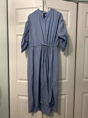 Light Blue Pinstripe Button-Front Shirt Dress